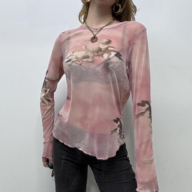 Sheer pink graphic print angel t-shirt