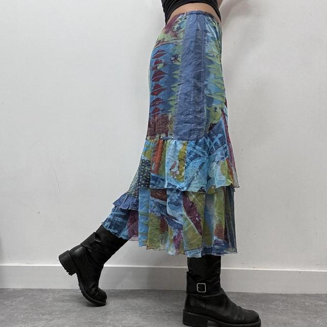 Blue printed graphic mesh y2k midi skirt