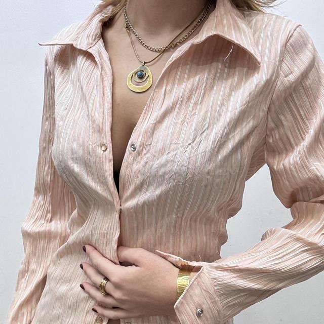 Pink pinstripe gathered crinkle shirt