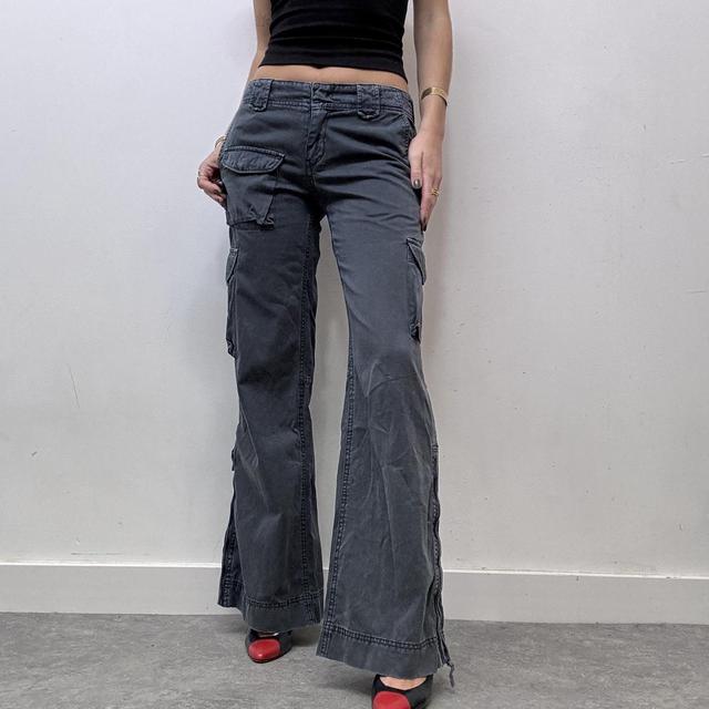 Navy distressed flared cargo trousers