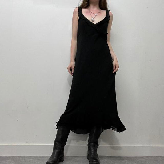 Black ruffle flared bias dress