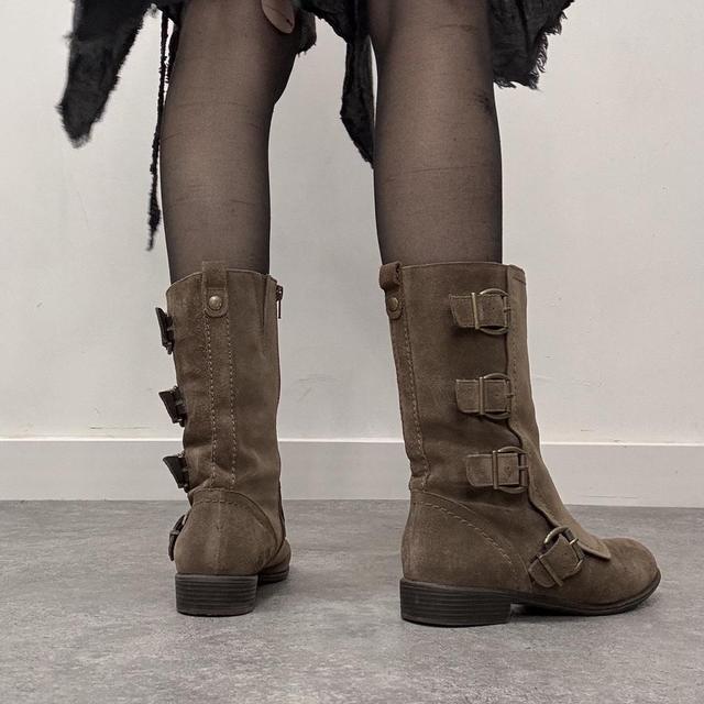 Brown suede buckle boots