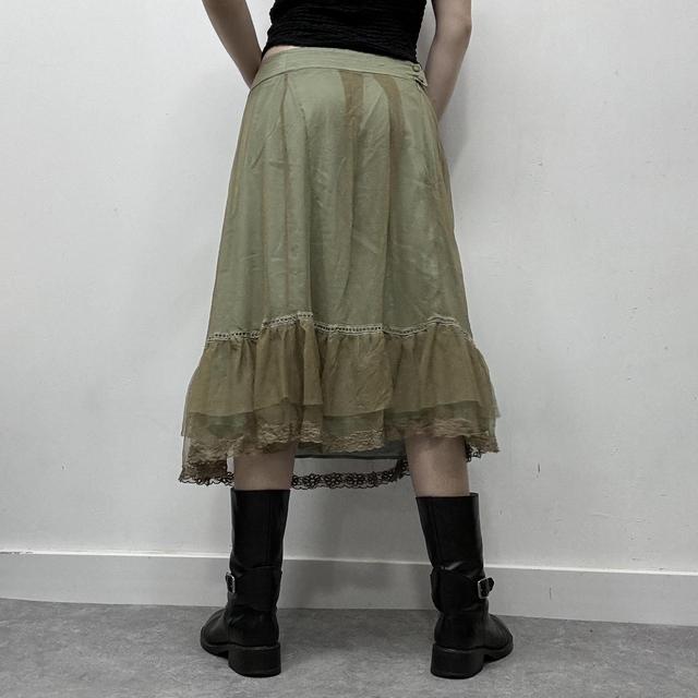 Green layered sheer mesh ruffle midi skirt