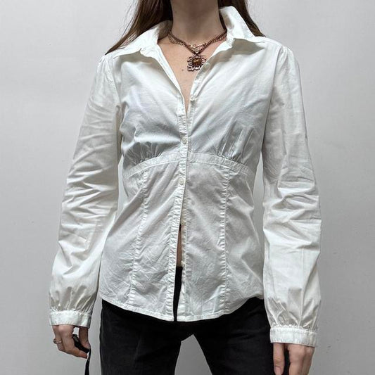 White puff sleeve button up shirt