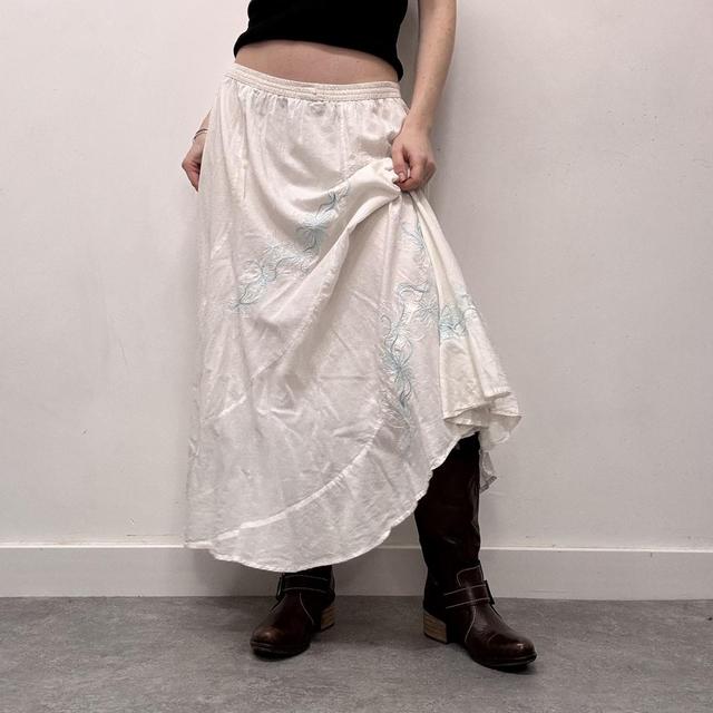 White cotton embroidered flared maxi skirt