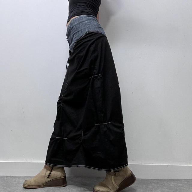 Denim panelled ruched maxi skirt