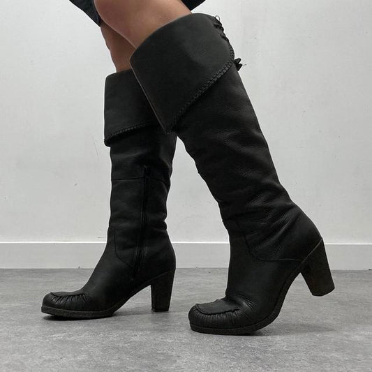 Black square toe leather boots