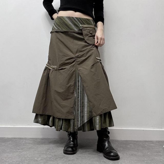 Khaki pinstripe asymmetric layered maxi skirt