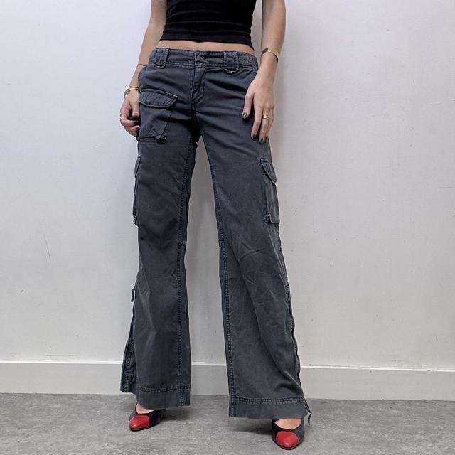 Navy distressed flared cargo trousers