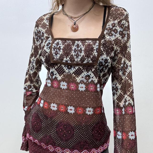 Boho flared brown micro mesh top
