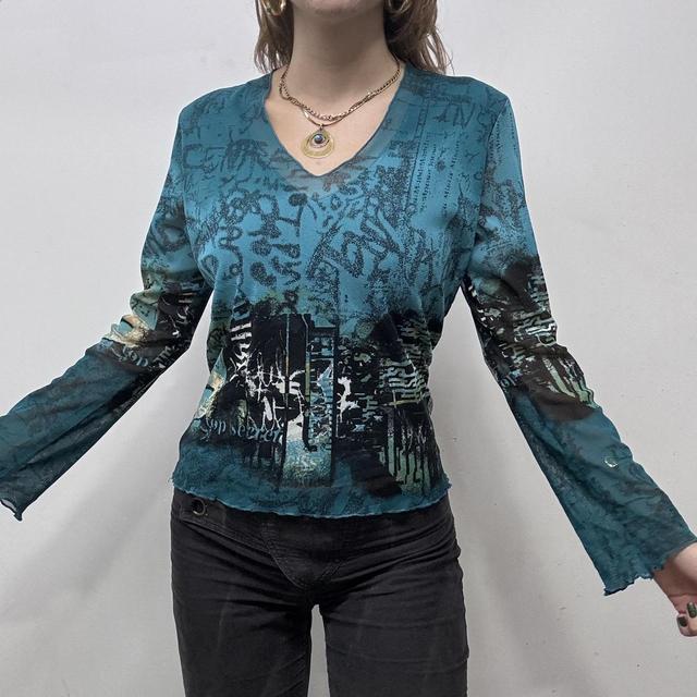 Graphic mesh printed grunge top
