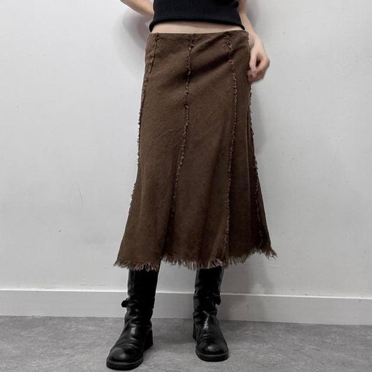 Brown distressed frayed maxi skirt