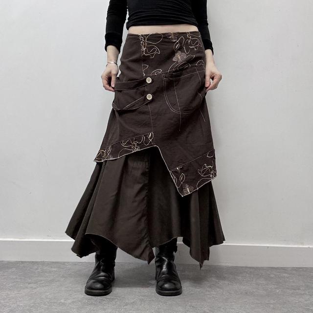 Brown layered embroidered maxi skirt
