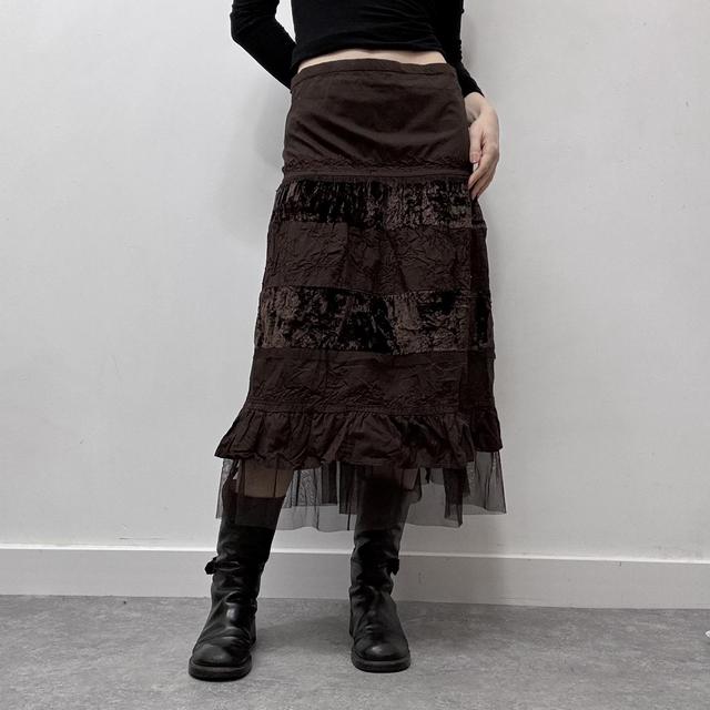 Brown velvet lace midi skirt