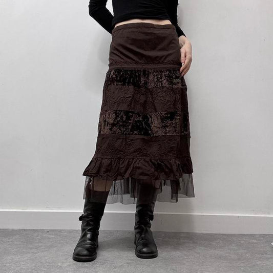 Brown velvet lace midi skirt