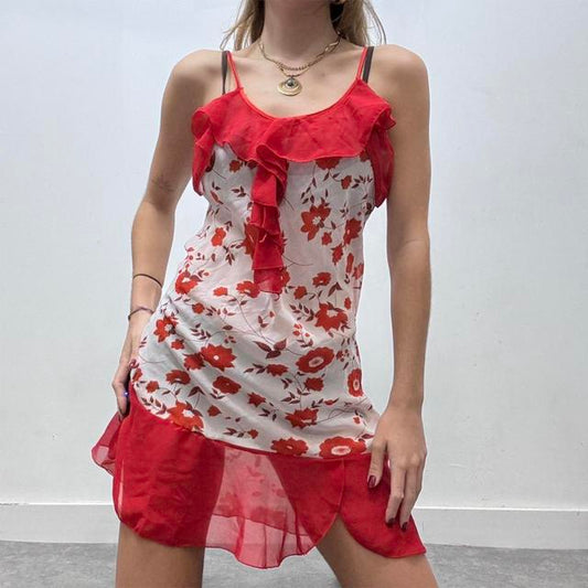 Sheer red floral flutter mini dress