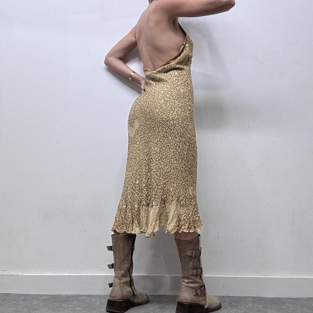 Gold beaded silk halter neck midi dress