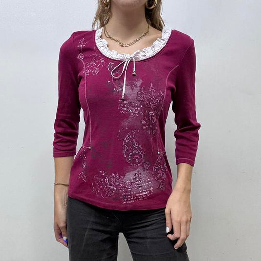 Pink bow ruffle neck printed tshirt