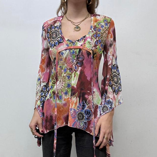Flared graphic paisley fairy mesh top