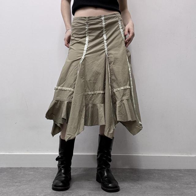 Khaki ribbon asymmetric midi skirt