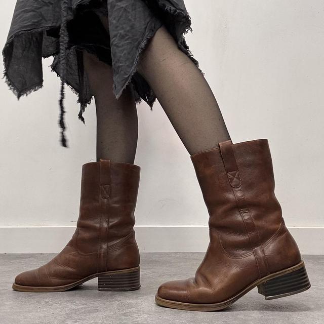 Brown leather square toe boots