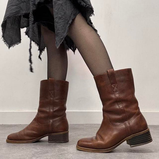 Brown leather square toe boots