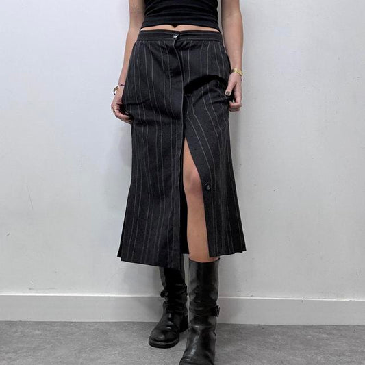 Grey pinstripe flared slit midi skirt