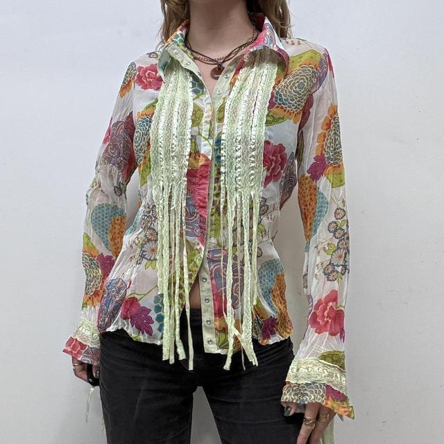 Sheer crinkle floral lace shirt