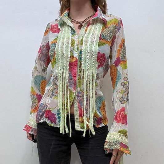Sheer crinkle floral lace shirt