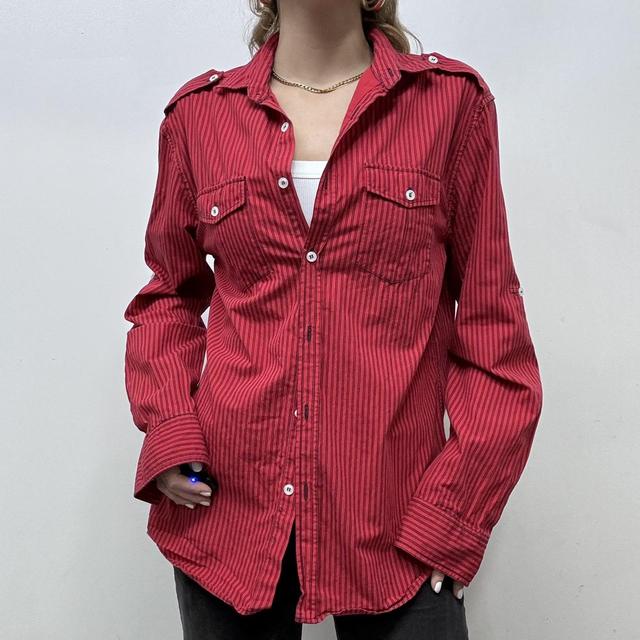 Red flared pinstripe fitted shirt