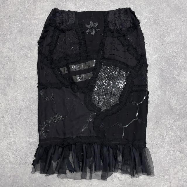 Black sheer embroidered lace midi skirt