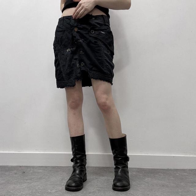Distressed patchwork asymmetric skirt