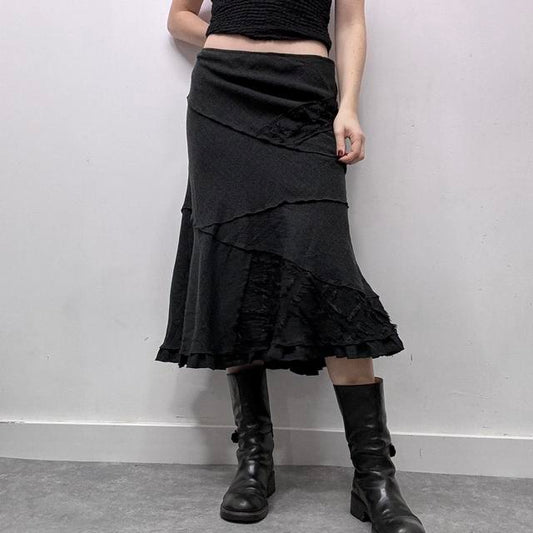 Grey wool tweed flared lace midi skirt