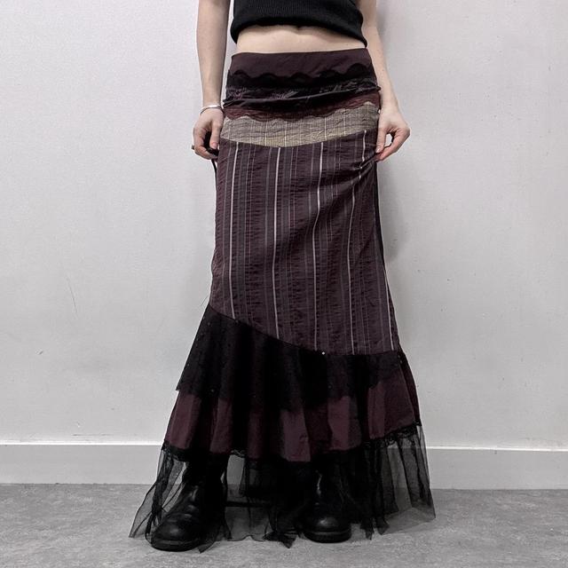 Grunge layered patchwork pinstripe maxi skirt