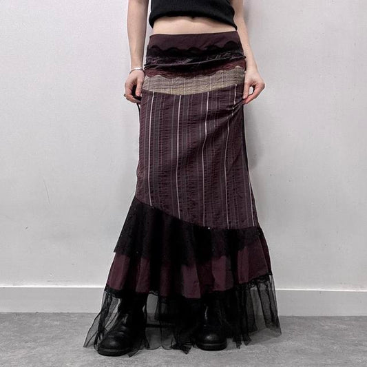 Grunge layered patchwork pinstripe maxi skirt