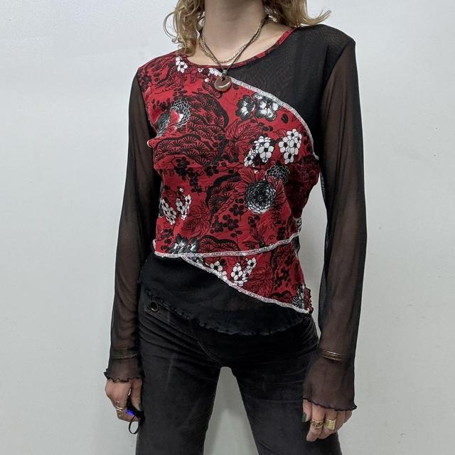 Black mesh red floral top