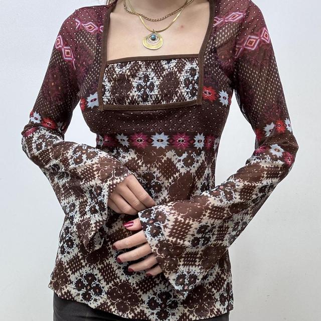 Graphic printed y2k flared mesh shirt