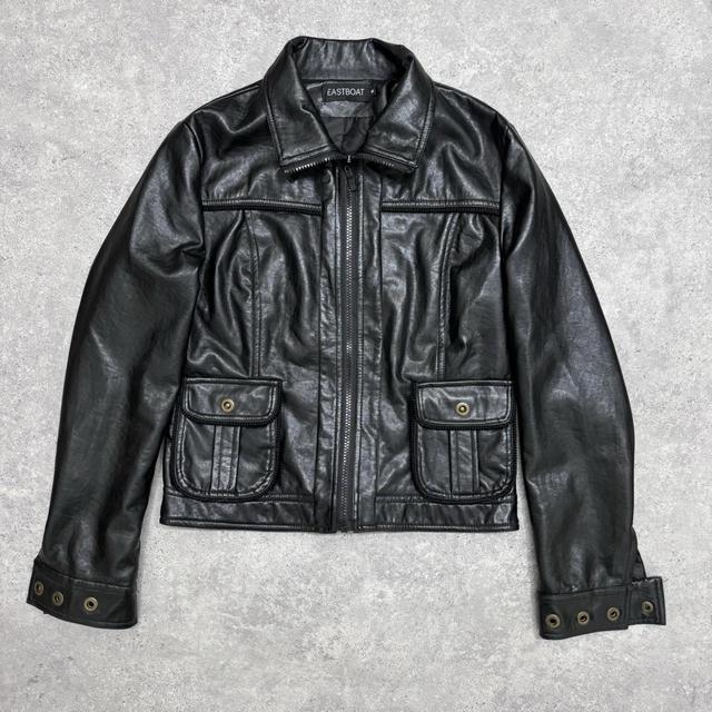 Black leather cropped boxy jacket