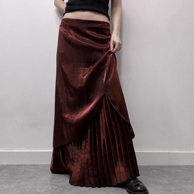 Red layered pleated maxi skirt