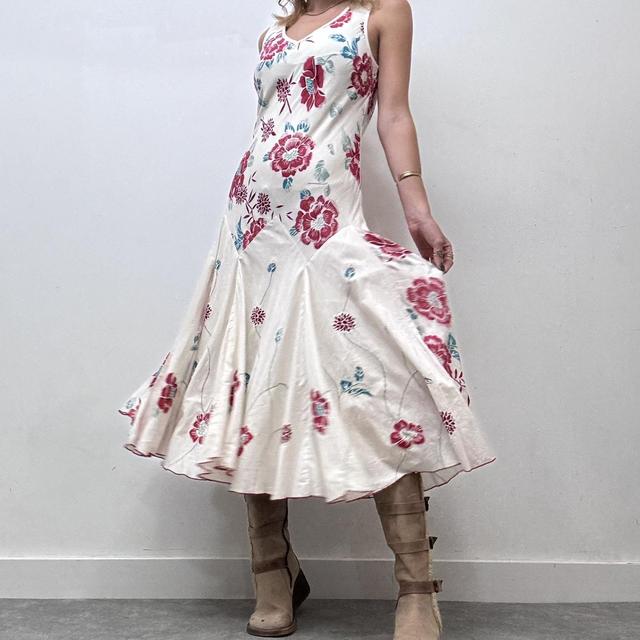 White flared bias cut floral maxi dress