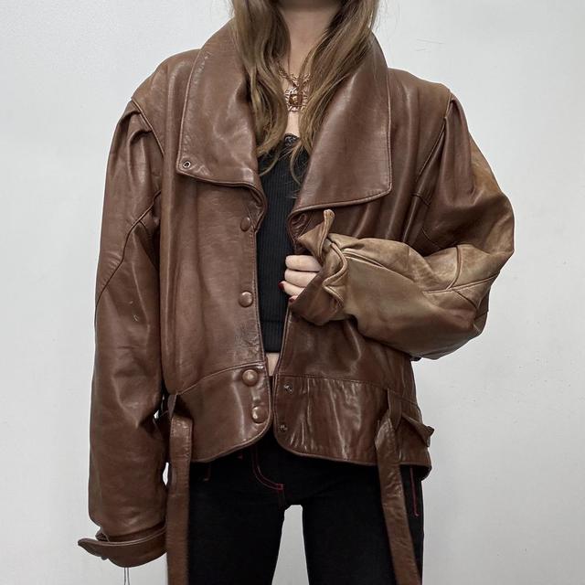 Brown leather batwing biker jacket