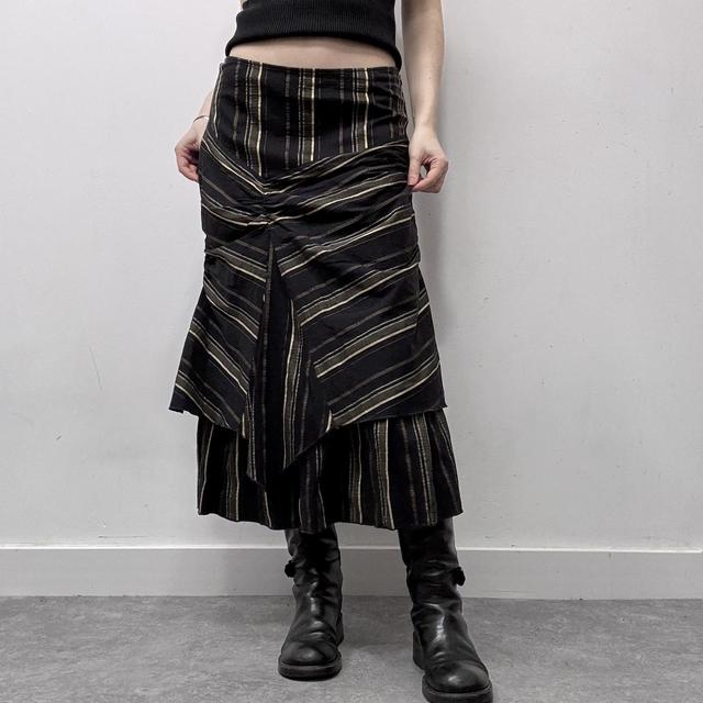 Pinstripe asymmetric ruched midi skirt