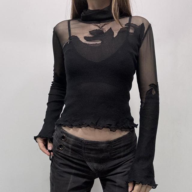 Black sheer mesh layered ruffle shirt
