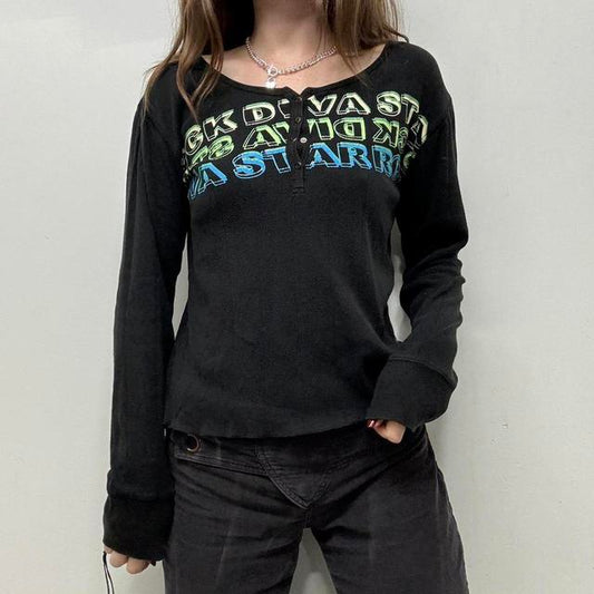 Black ribbed graphic print top