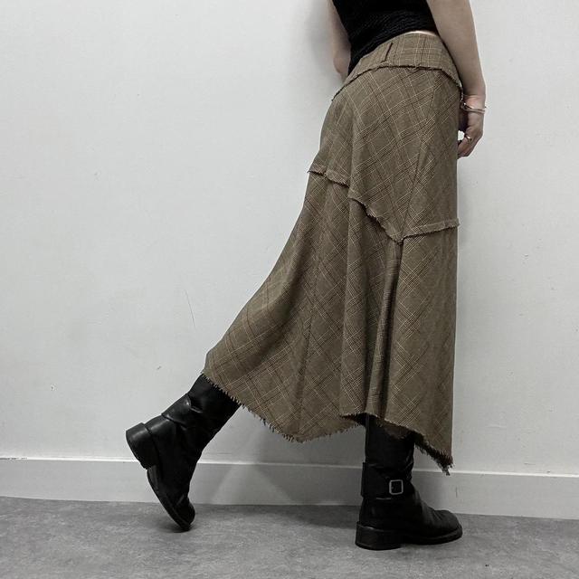 Khaki checked tartan patchwork midi skirt