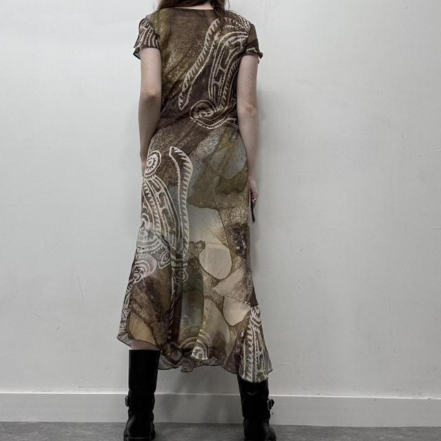 Distressed brown patterned bias cut 90s dress
