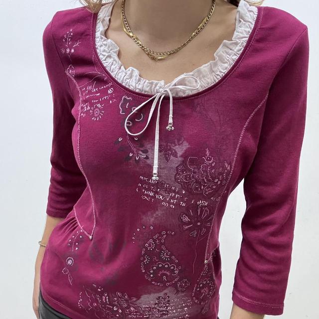 Pink bow ruffle neck printed tshirt