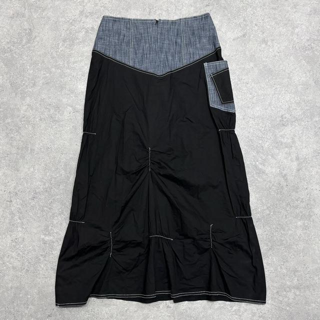 Denim panelled ruched maxi skirt