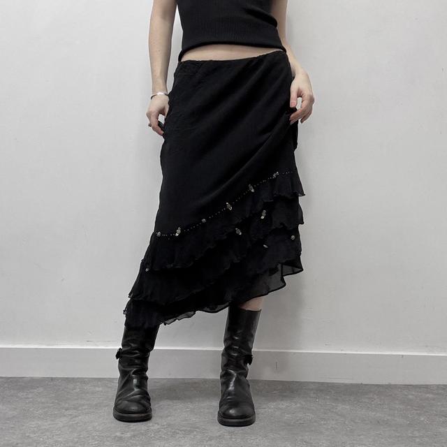 Black layered silk bow midi skirt