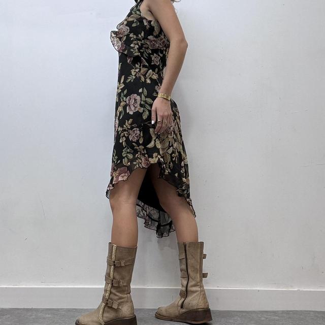 Black sheer ruffle floral printed midi dress